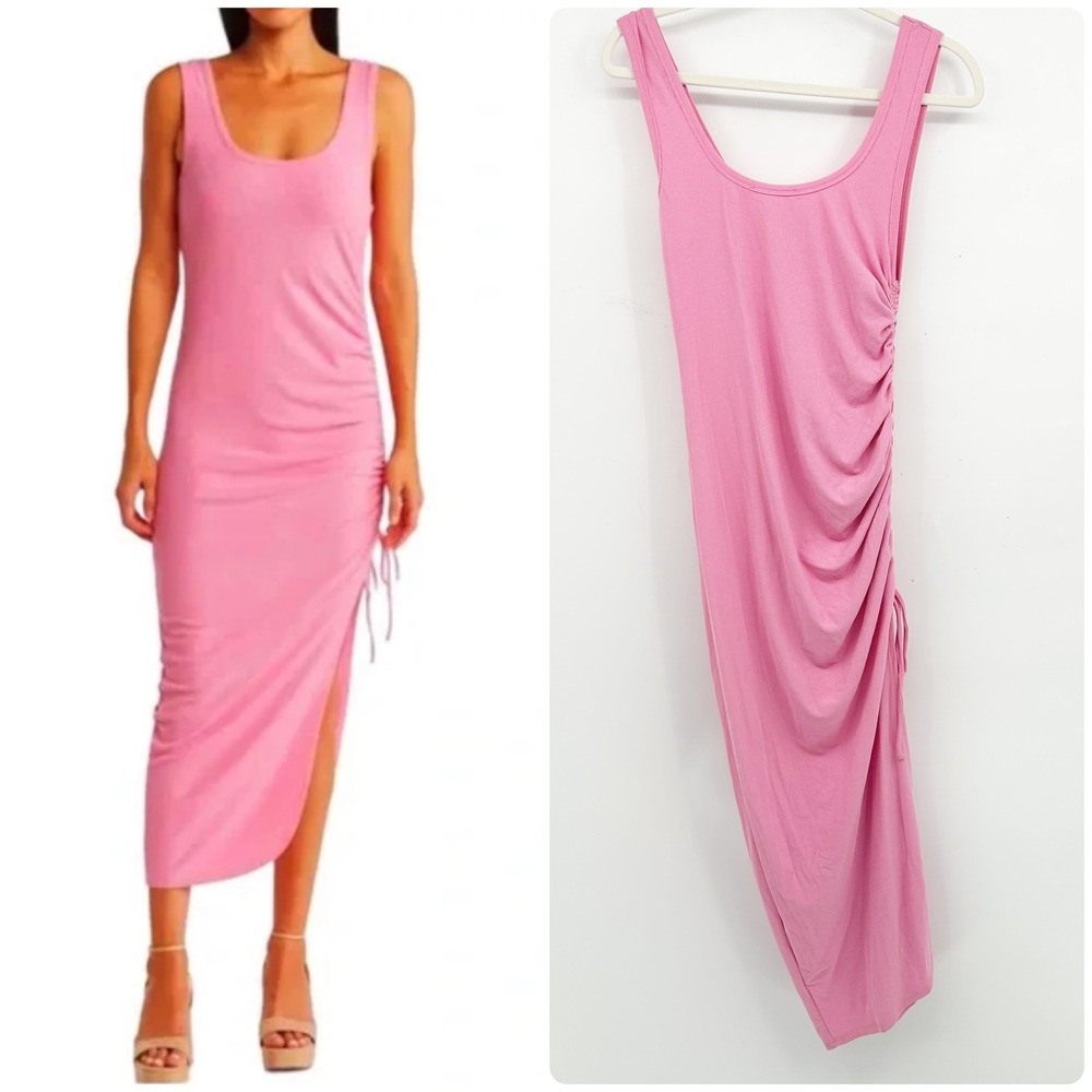 NWT WAYF Womens Bubblegum Pink Ruched Side Slit Ribbed Knit Maxi Dress Size S‎